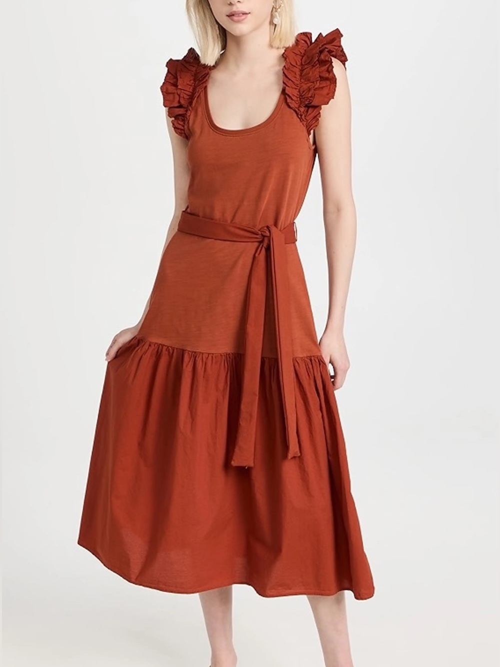 Nation LTD Everleigh Tiered Ruffle Midi Dress Orange Size M